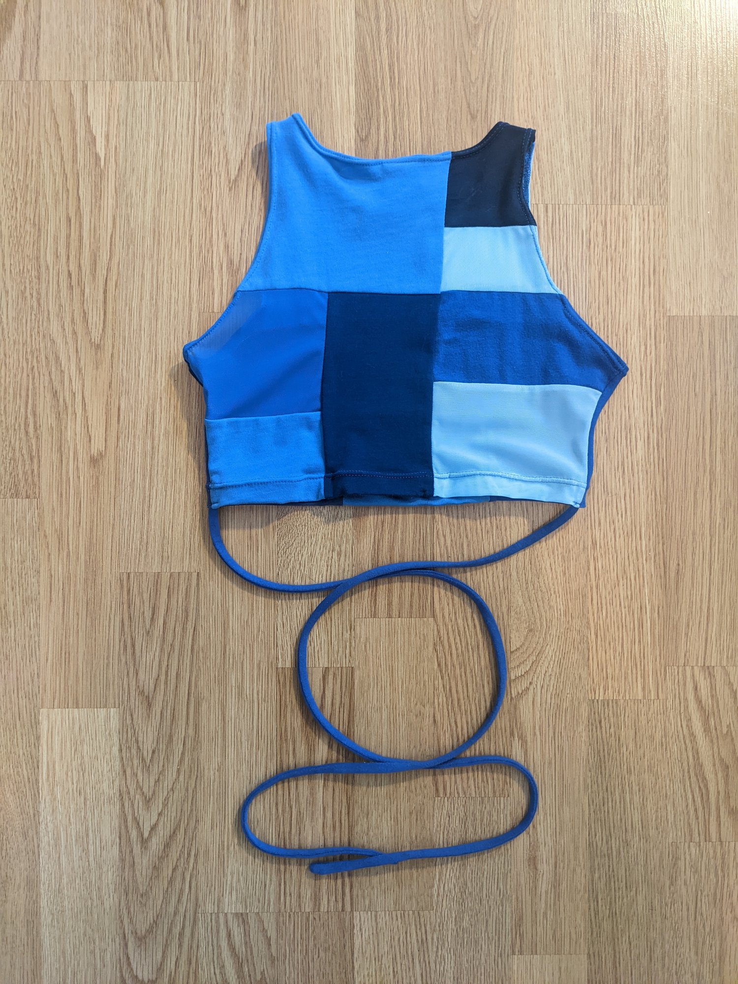 Image of First Sample Small Blue Patchwork Tie Crop