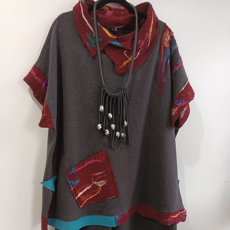 Image of fabric collage top, grey and burgundy 