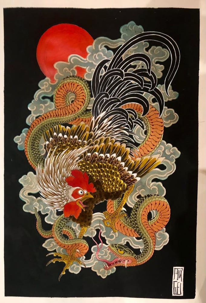 Image of ROOSTER & SNAKE - COQ & SERPENT - ORIGINAL  PAINTING 