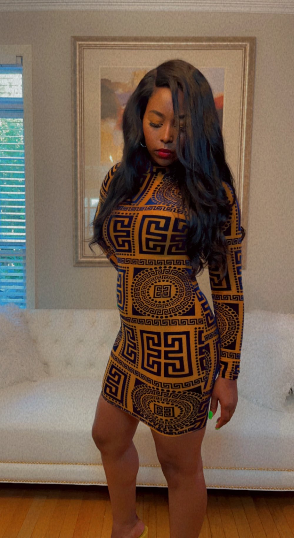 Image of Melinda Mustard Velvet Texture Bodycon Dress