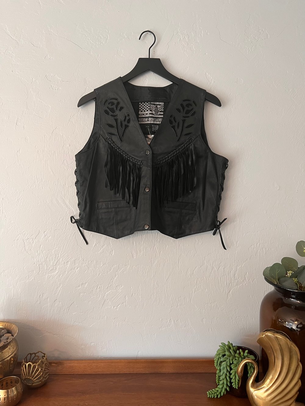 Leather Rose Fringe Biker Vest (XL)