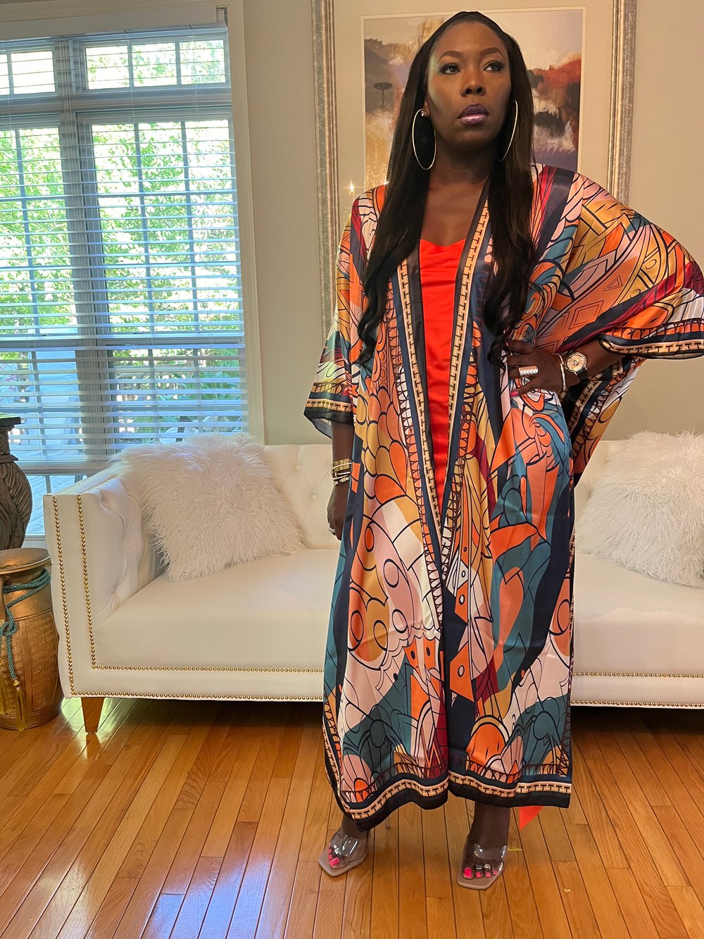 Image of It’s Showtime Satin Printed Maxi Kimono Orange 