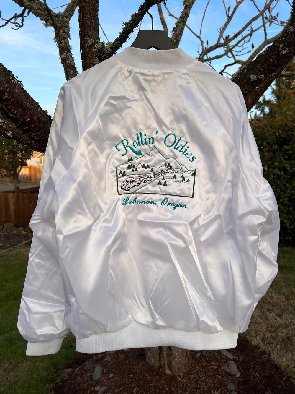 Vintage Rollin’ Oldies White Pearl Satin Jacket (XL)