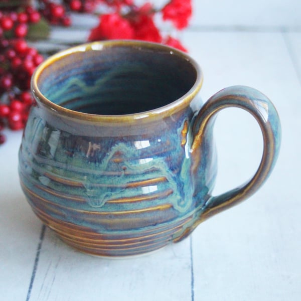 Image of Handmade Pottery Mug with Greenish Blue and Brown Earthy Glazes, Made in USA