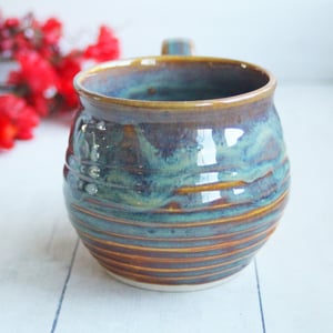 Image of Handmade Pottery Mug with Greenish Blue and Brown Earthy Glazes, Made in USA