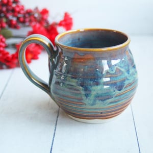 Image of Handmade Pottery Mug with Greenish Blue and Brown Earthy Glazes, Made in USA