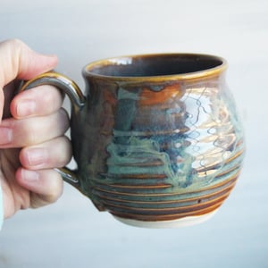 Image of Handmade Pottery Mug with Greenish Blue and Brown Earthy Glazes, Made in USA