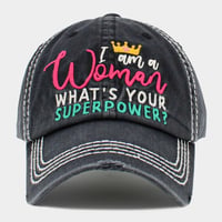 Image 2 of "I AM A WOMAN, WHAT'S YOUR SUPERPOWER?" Distressed Denim Ball Cap for Ladies, Vintage Baseball Cap