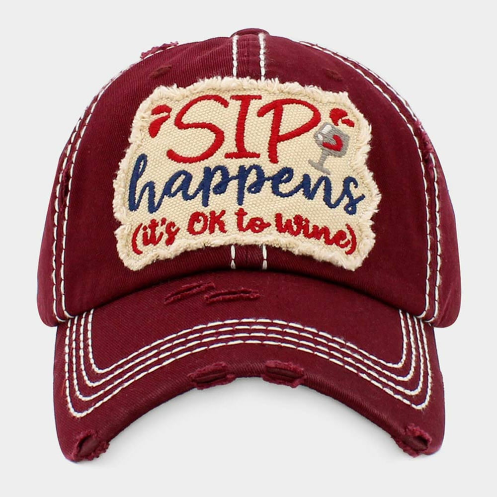 Sip Happens, It's Ok to Wine Embroidered Vintage Baseball Cap, Wine Lovers Cap for Ladies,