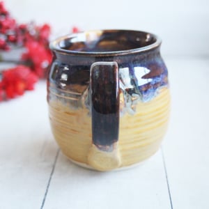 Image of Amber Brown, Gold and Blue Pottery Mug, 15 oz. Handcrafted Coffee Cup, Made in USA