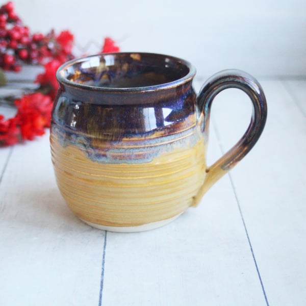 Image of Amber Brown, Gold and Blue Pottery Mug, 15 oz. Handcrafted Coffee Cup, Made in USA