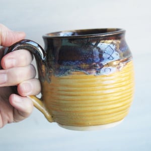 Image of Amber Brown, Gold and Blue Pottery Mug, 15 oz. Handcrafted Coffee Cup, Made in USA