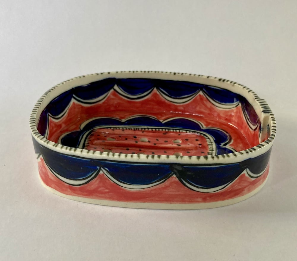 Image of Soap dish dark pink, blue and gold patterns