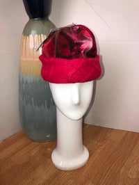 Image 1 of H.O.D. Knitted Brim Hat Red Velvet & Denim Panel Crown With Red Cable Knit Brim 