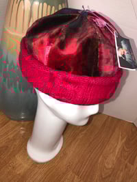 Image 2 of H.O.D. Knitted Brim Hat Red Velvet & Denim Panel Crown With Red Cable Knit Brim 