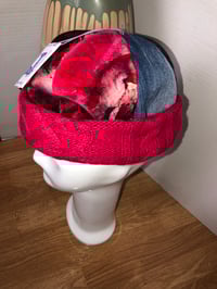 Image 3 of H.O.D. Knitted Brim Hat Red Velvet & Denim Panel Crown With Red Cable Knit Brim 