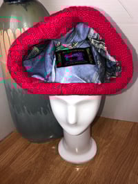 Image 5 of H.O.D. Knitted Brim Hat Red Velvet & Denim Panel Crown With Red Cable Knit Brim 
