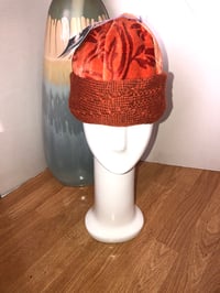 Image 1 of H.O.D. Knitted Brim Hat Orange Velvet Print Crown With Burnt Orange Cable Knit Brim