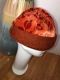 Image 2 of H.O.D. Knitted Brim Hat Orange Velvet Print Crown With Burnt Orange Cable Knit Brim