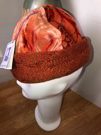 Image 3 of H.O.D. Knitted Brim Hat Orange Velvet Print Crown With Burnt Orange Cable Knit Brim
