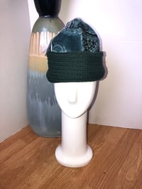 Image 1 of H.O.D. Knitted Brim Hat Teal Paisley Velvet Crown W/ Dark Green Cable Knit Brim 