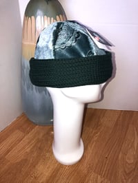 Image 2 of H.O.D. Knitted Brim Hat Teal Paisley Velvet Crown W/ Dark Green Cable Knit Brim 