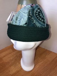 Image 3 of H.O.D. Knitted Brim Hat Teal Paisley Velvet Crown W/ Dark Green Cable Knit Brim 