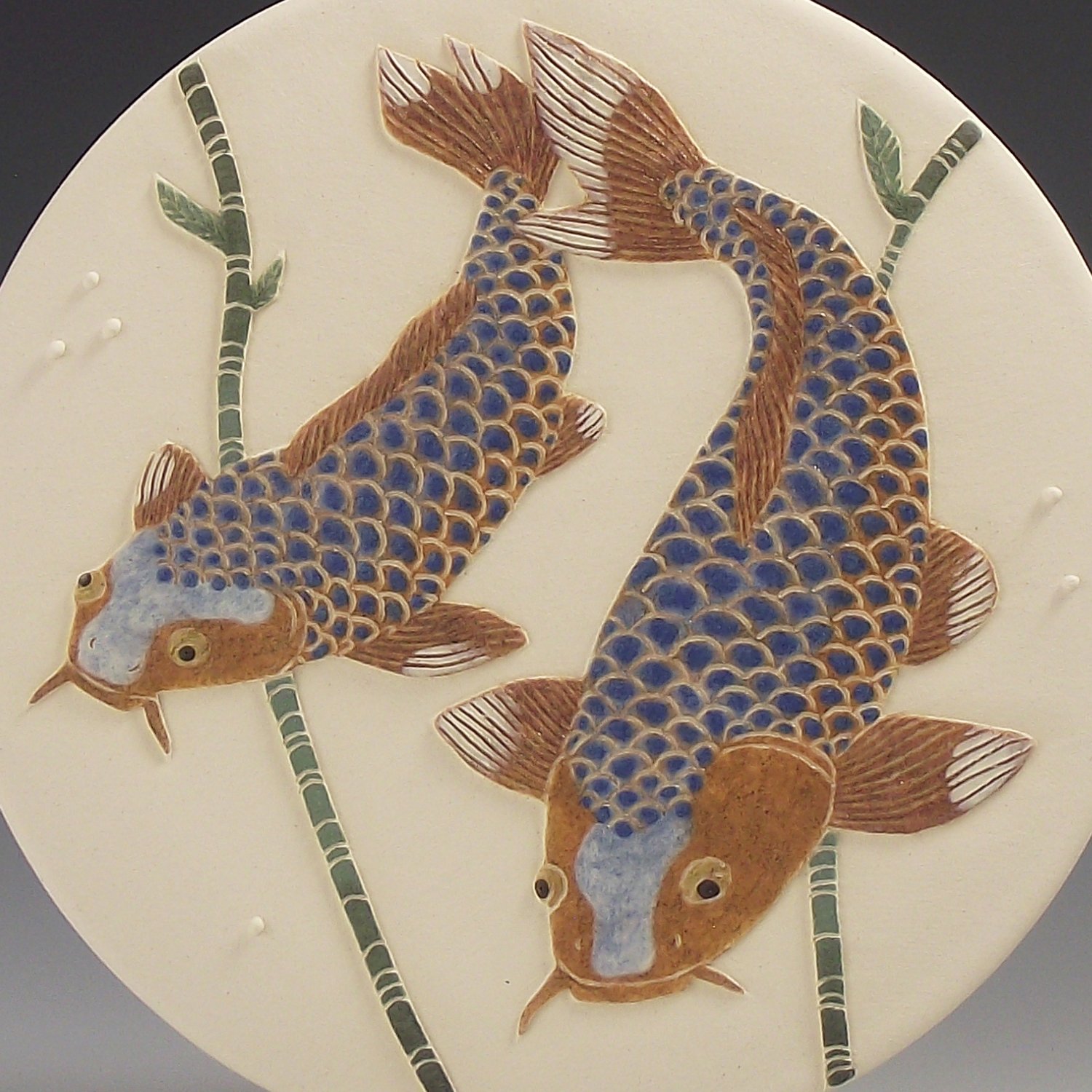 Image of Koi carp sgraffito ceramic wall hanging
