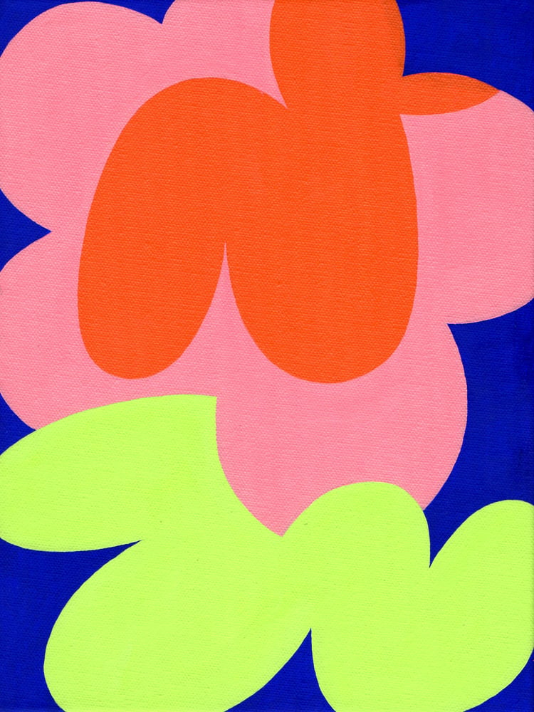 Image of Blommor i närbild rosa och lime (Flower close-up pink and lime) Acrylic on canvas 2022