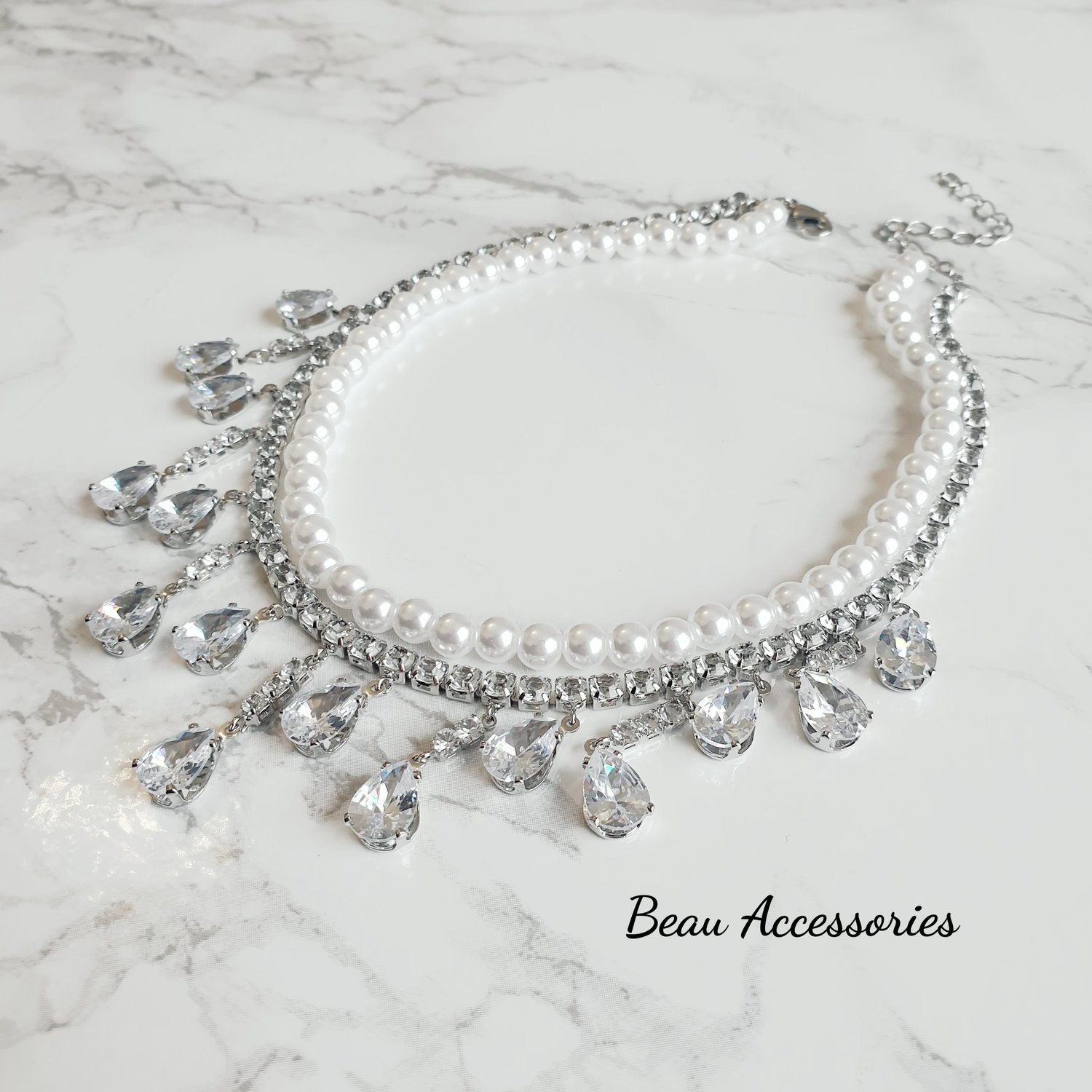 Image of Pearl & Crystal Drop Choker Necklace