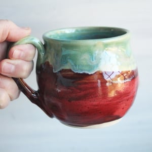 Image of Dripping Green and Rich Red Glazed Pottery Mug, 15 oz. Handcrafted Stoneware Made in USA