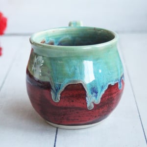 Image of Dripping Green and Rich Red Glazed Pottery Mug, 15 oz. Handcrafted Stoneware Made in USA