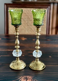 Image 2 of Pair of Brass candlestands with crystal lucite accent paired with emerald cut votives.