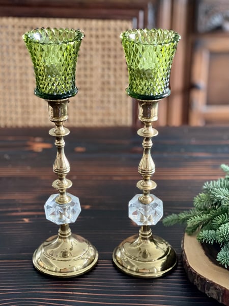 Image of Pair of Brass candlestands with crystal lucite accent paired with emerald cut votives.