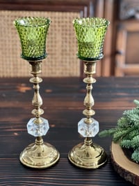 Image 1 of Pair of Brass candlestands with crystal lucite accent paired with emerald cut votives.