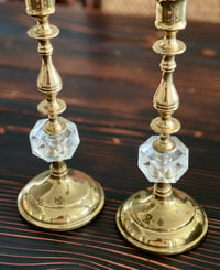 Image 3 of Pair of Brass candlestands with crystal lucite accent paired with emerald cut votives.
