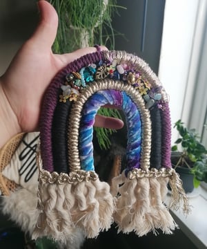 Beaded macrame rainbow purple monstera/acorn