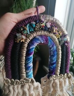 Beaded macrame rainbow purple monstera/acorn