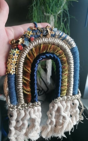 Beaded macrame rainbow golds and navy