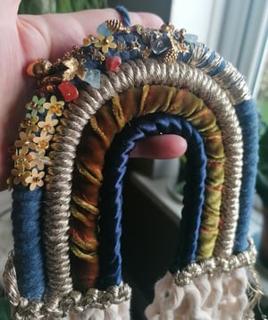 Beaded macrame rainbow golds and navy