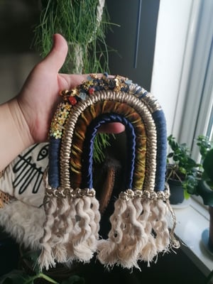 Beaded macrame rainbow golds and navy