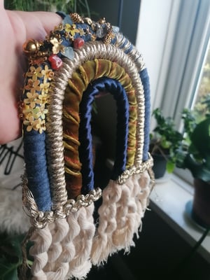 Beaded macrame rainbow golds and navy