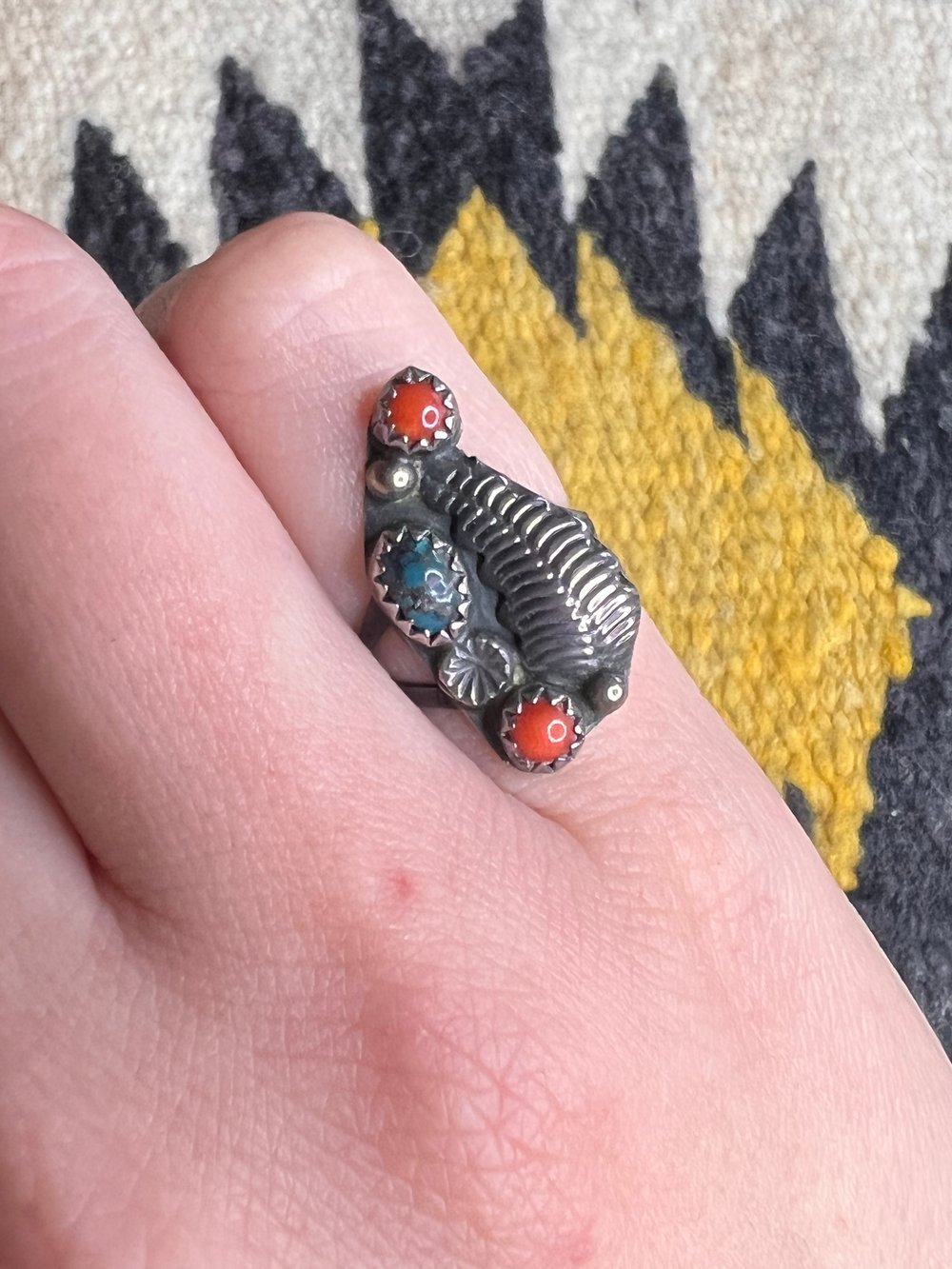 Sterling Leaf Turquoise & Coral Ring (6)