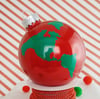 HANDCRAFTED GLOBE GLASS BALL ORNAMENT 3" RED W/ GREEN VINYL