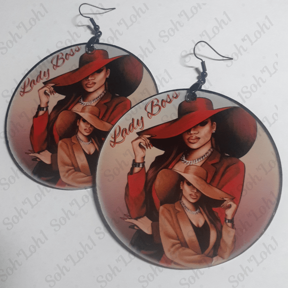 Image of Red Hat, Lady Boss, Trendy, Black Culture, Sublimation earrings