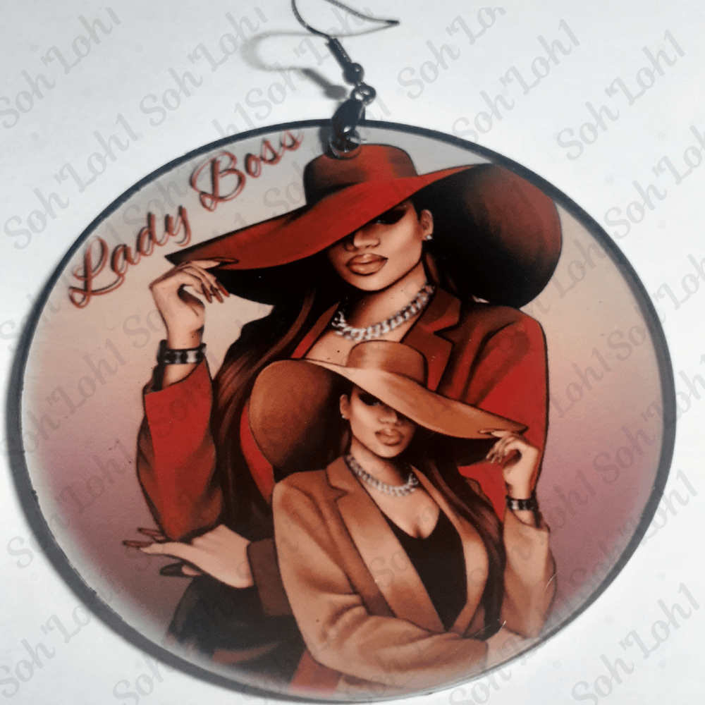Image of Red Hat Lady Boss Trendy Black Culture Sublimation earrings