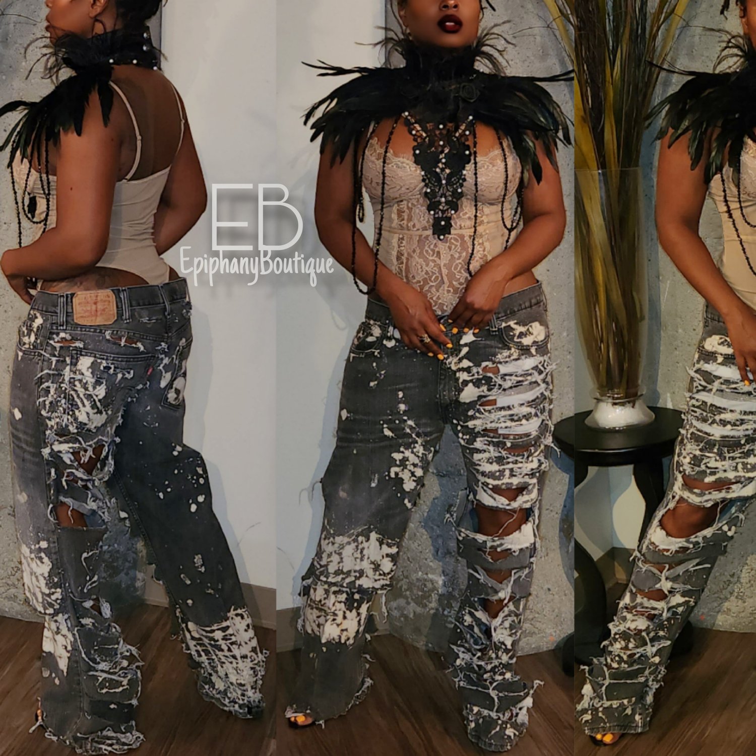 Image of The Amelia Feather Collar & EB Custom Levi's #001 **SEPARATES**