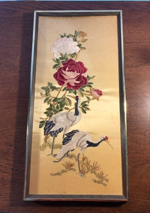 Image of Embroidered Cranes & Roses on Satin background