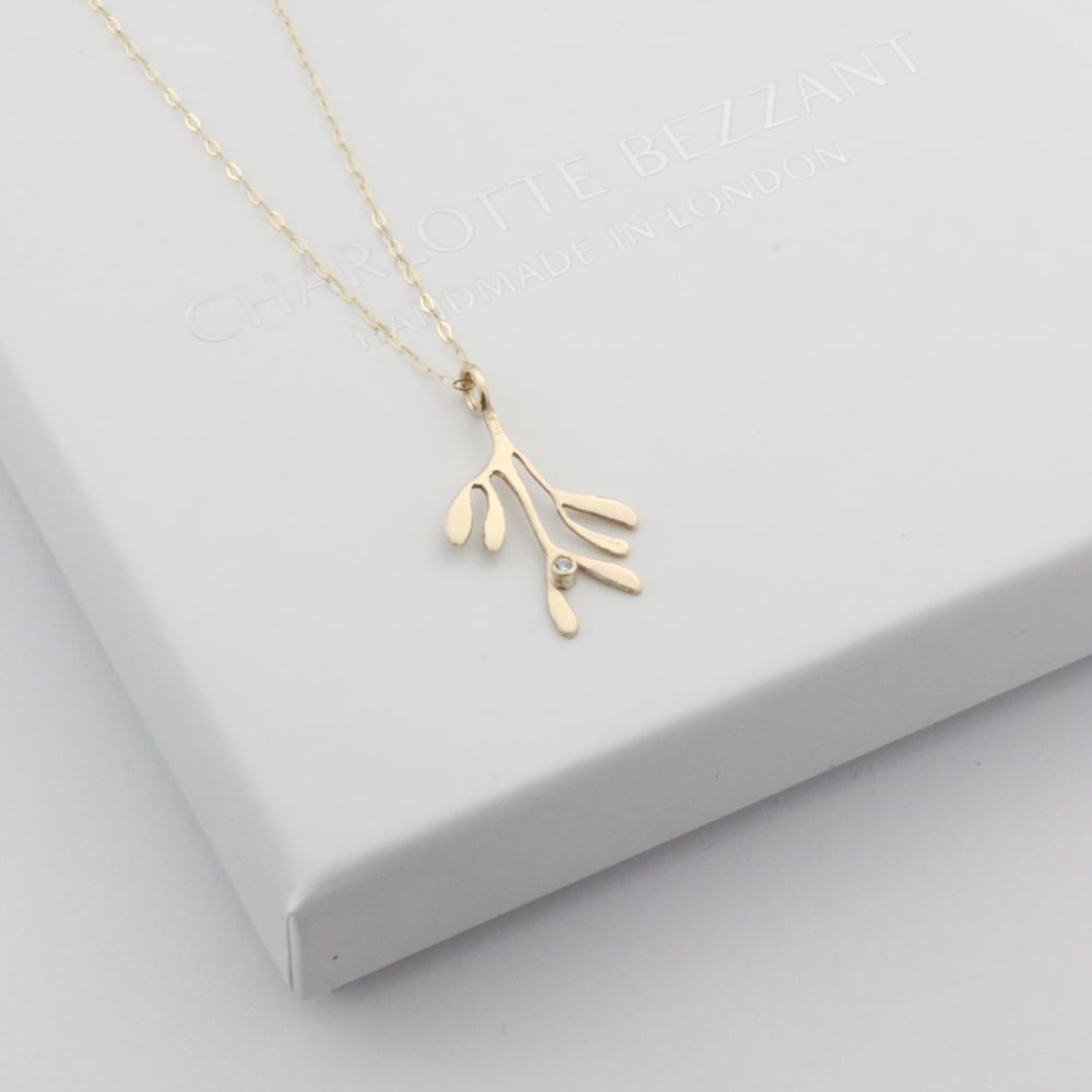 Image of 9ct gold and diamond mistletoe necklace