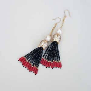Black Spinel & Red Coral Tassel Earrings